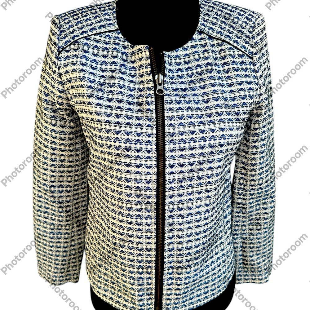 J. Crew Blue and White Textured Zip-Front Blazer